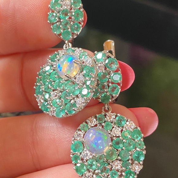 Fascinating Genuine Emerald Fire Opal Earrings - Picture 13 of 17